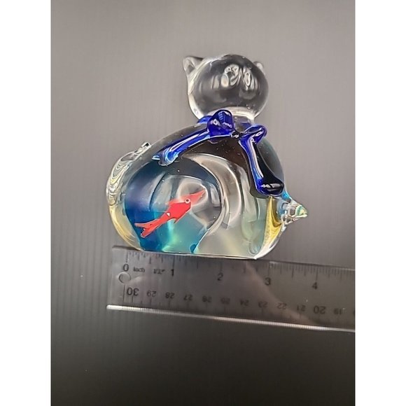 Vintage Clear‎ And Swirl Glass Cat Gold Fish Bowl Blue Paperweight Figure  4 In - Picture 8 of 10